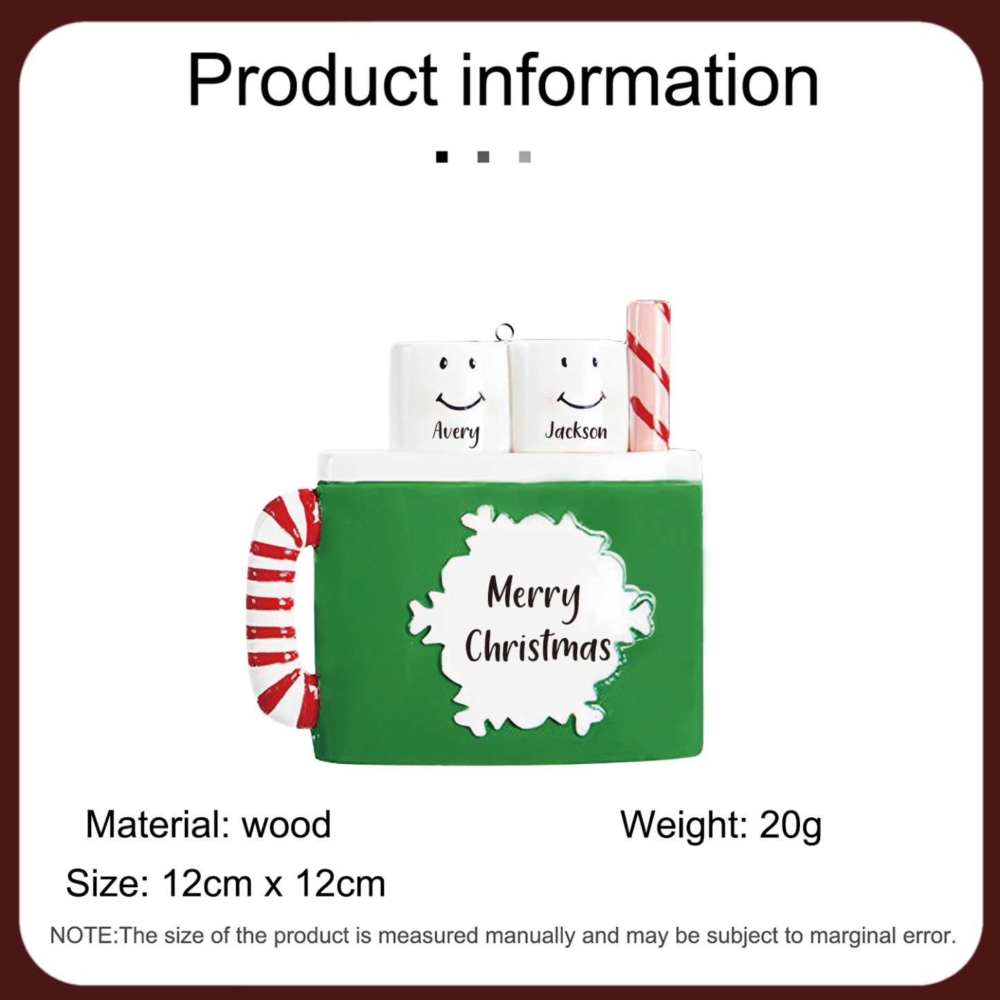 Navidad-Ornamento muñecos navideño de madera taza 2 nombres y 1 texto personalizados adorno del árbol-Jessemade ES