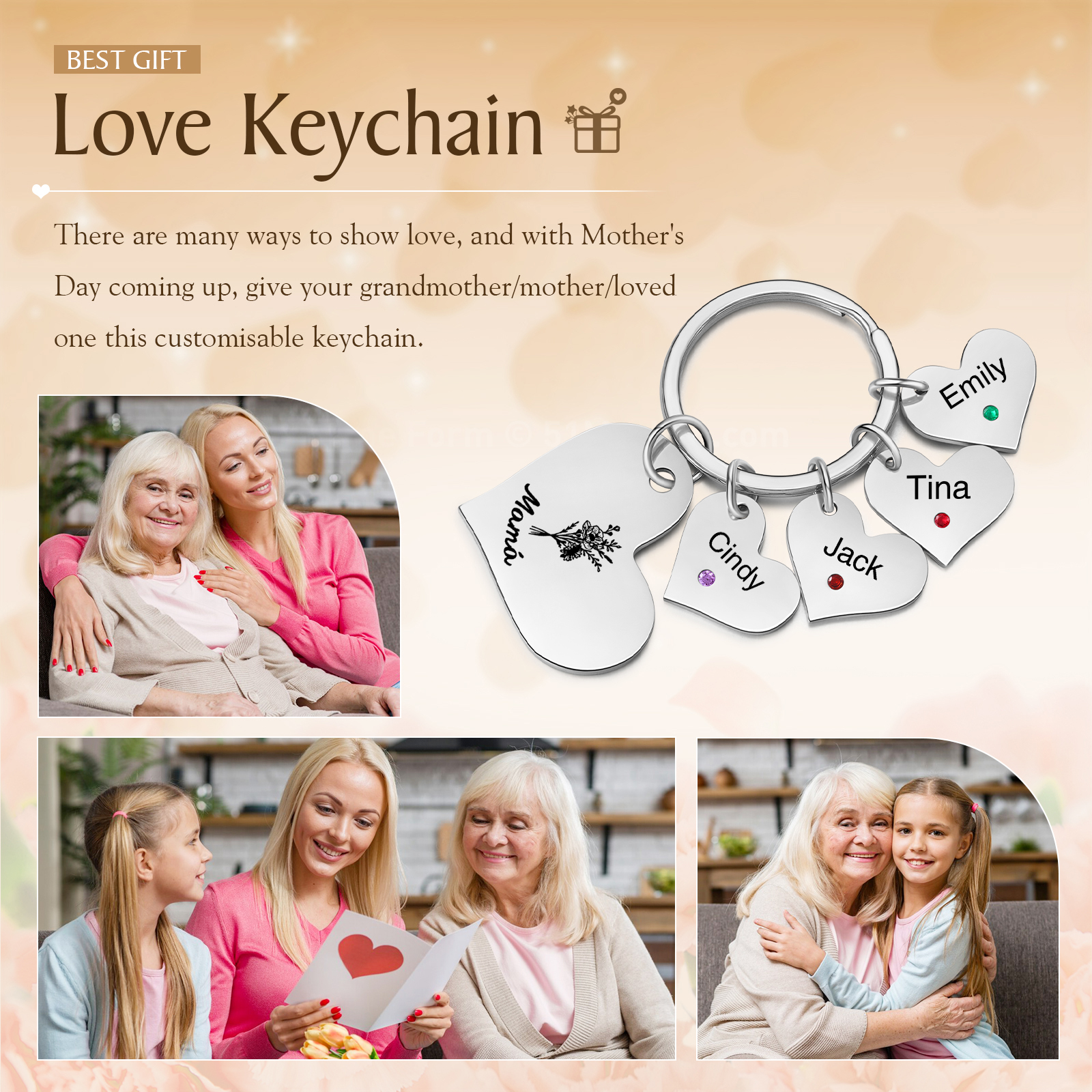 A mi mamá/abuela - Llavero con 4 nombres y piedras de nacimiento personalizados en corazones con texto y flor-Jessemade ES