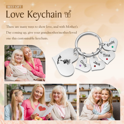 A mi mamá/abuela - Llavero con 4 nombres y piedras de nacimiento personalizados en corazones con texto y flor-Jessemade ES