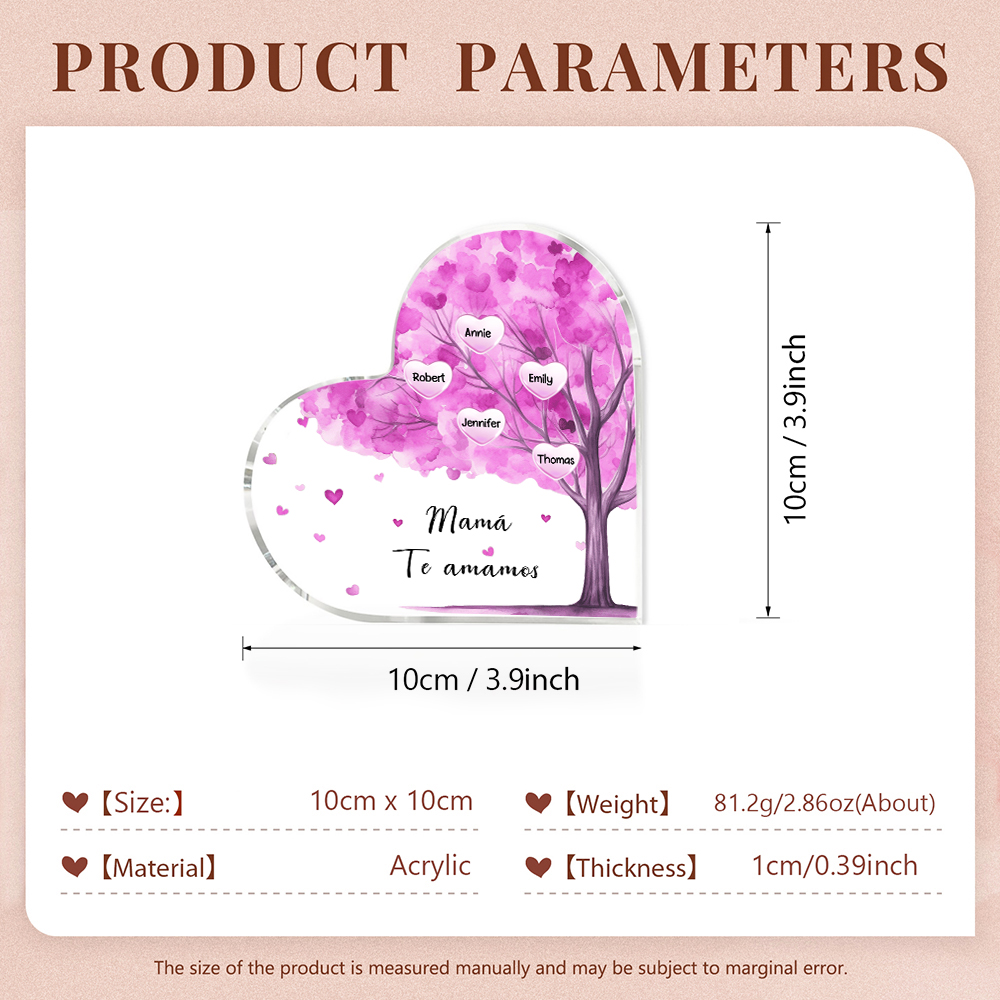 A mi mamá/abuela-Placa de acrílico "Árbol" en forma de corazón 5 nombres y 1 texto personalizados-Jessemade ES