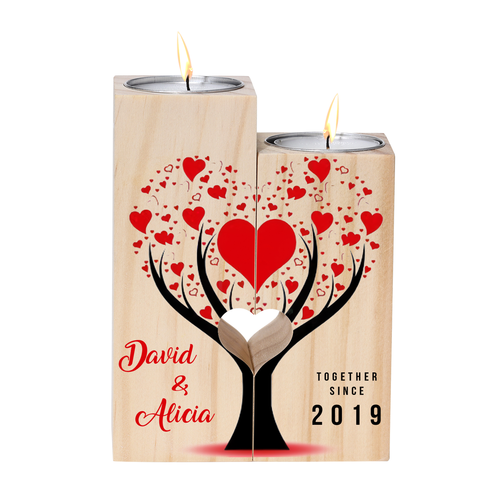 Candelero de árbol de amor para pareja de madera de dos piezas sin candela con 2 nombres y texto personalizados y año-Jessemade ES