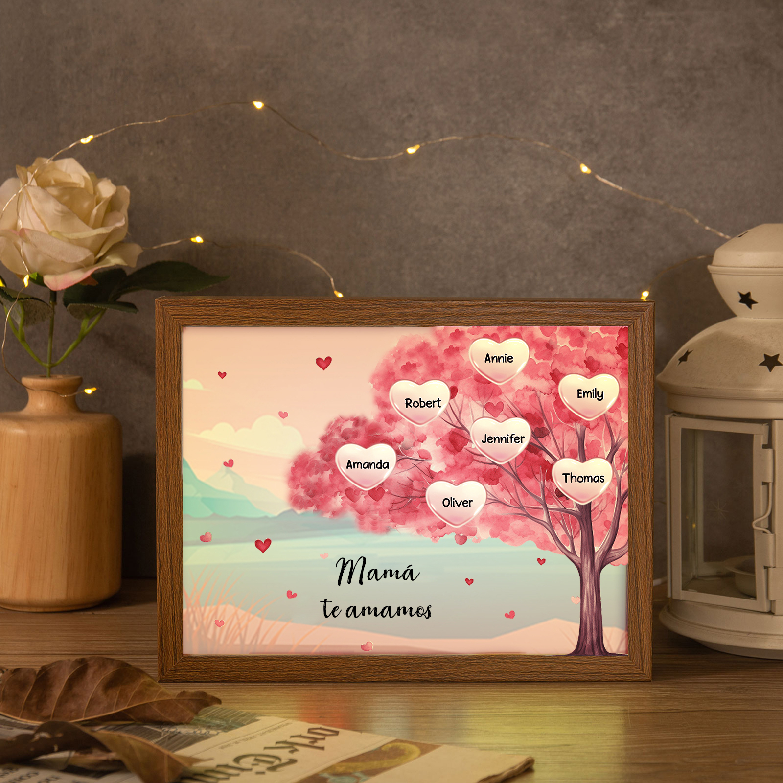 Marco con LED Árbol de la Vida 1-10 Nombres Personalizados con 1 Texto-Jessemade ES