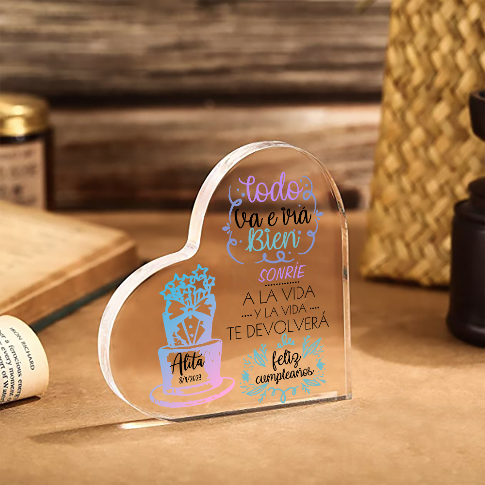 Cumpleaños-Placa de acrílico en forma de corazón con nombre y fecha personalizados-Jessemade ES