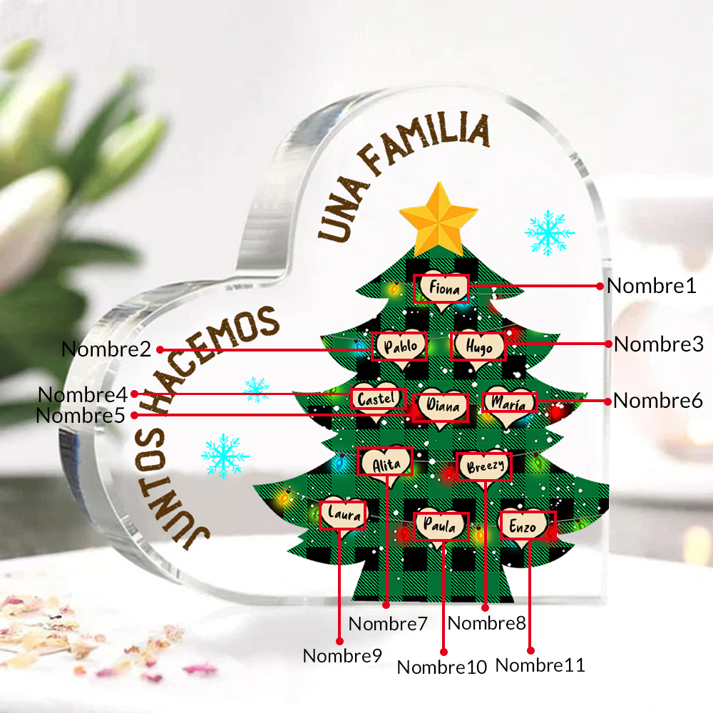 Navidad - Placa de acrílico en forma de corazón árbol con luces con 11 nombres personalizados-Jessemade ES