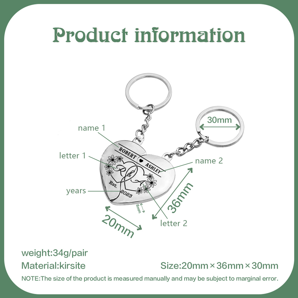 Llavero de corazón para pareja "Juntos un corazón completo" 2 nombres y 2 letras personalizados con año-Jessemade ES