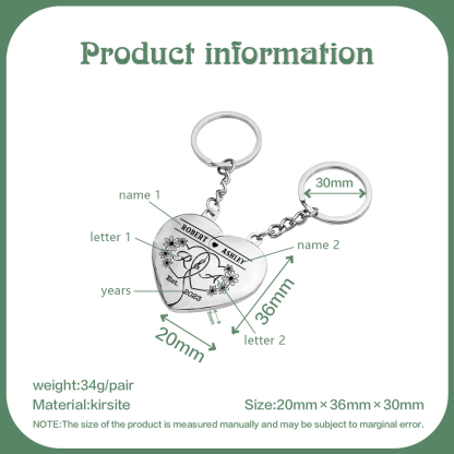 Llavero de corazón para pareja "Juntos un corazón completo" 2 nombres y 2 letras personalizados con año-Jessemade ES