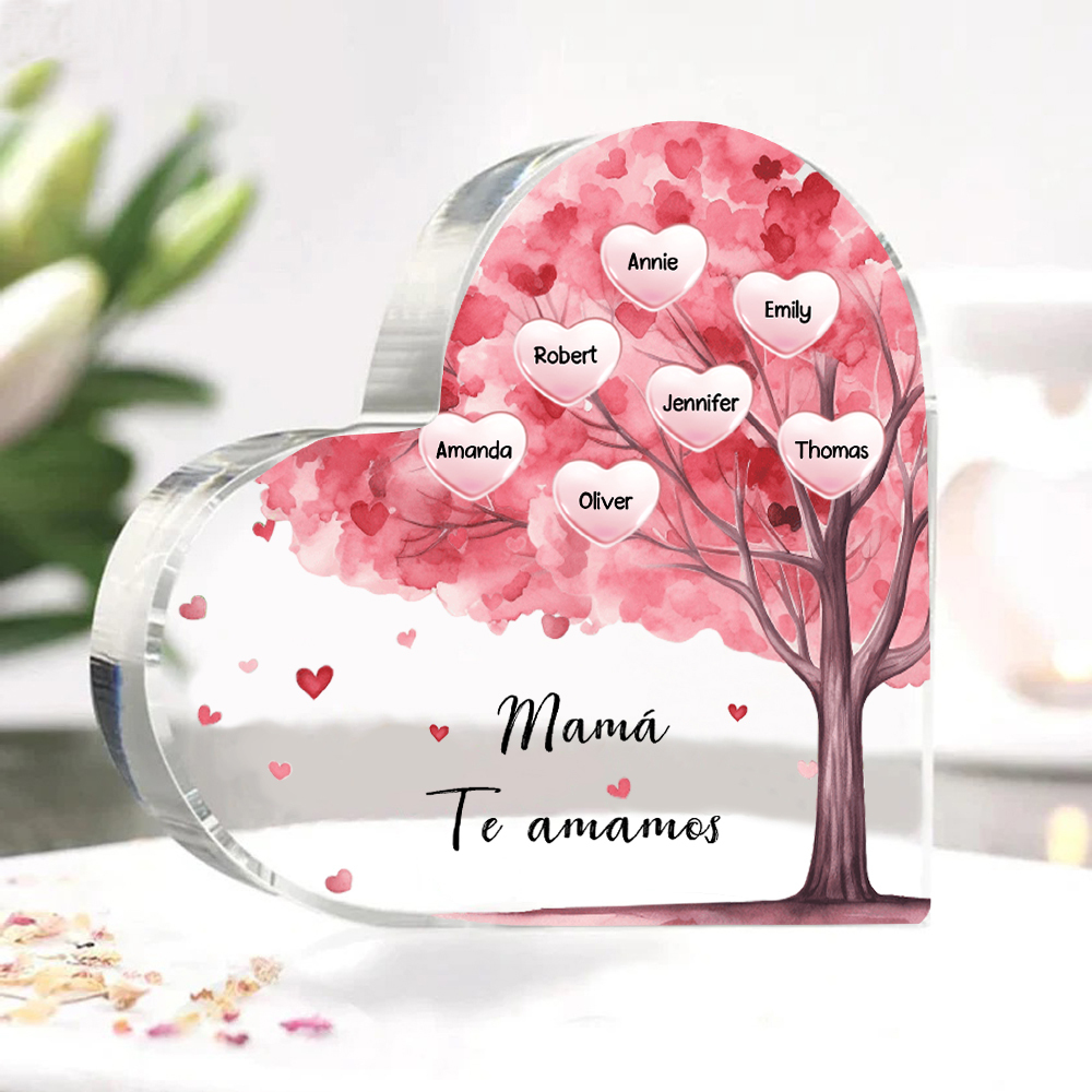 A mi mamá/abuela-Placa de acrílico "Árbol" en forma de corazón 7 nombres y 1 texto personalizados-Jessemade ES
