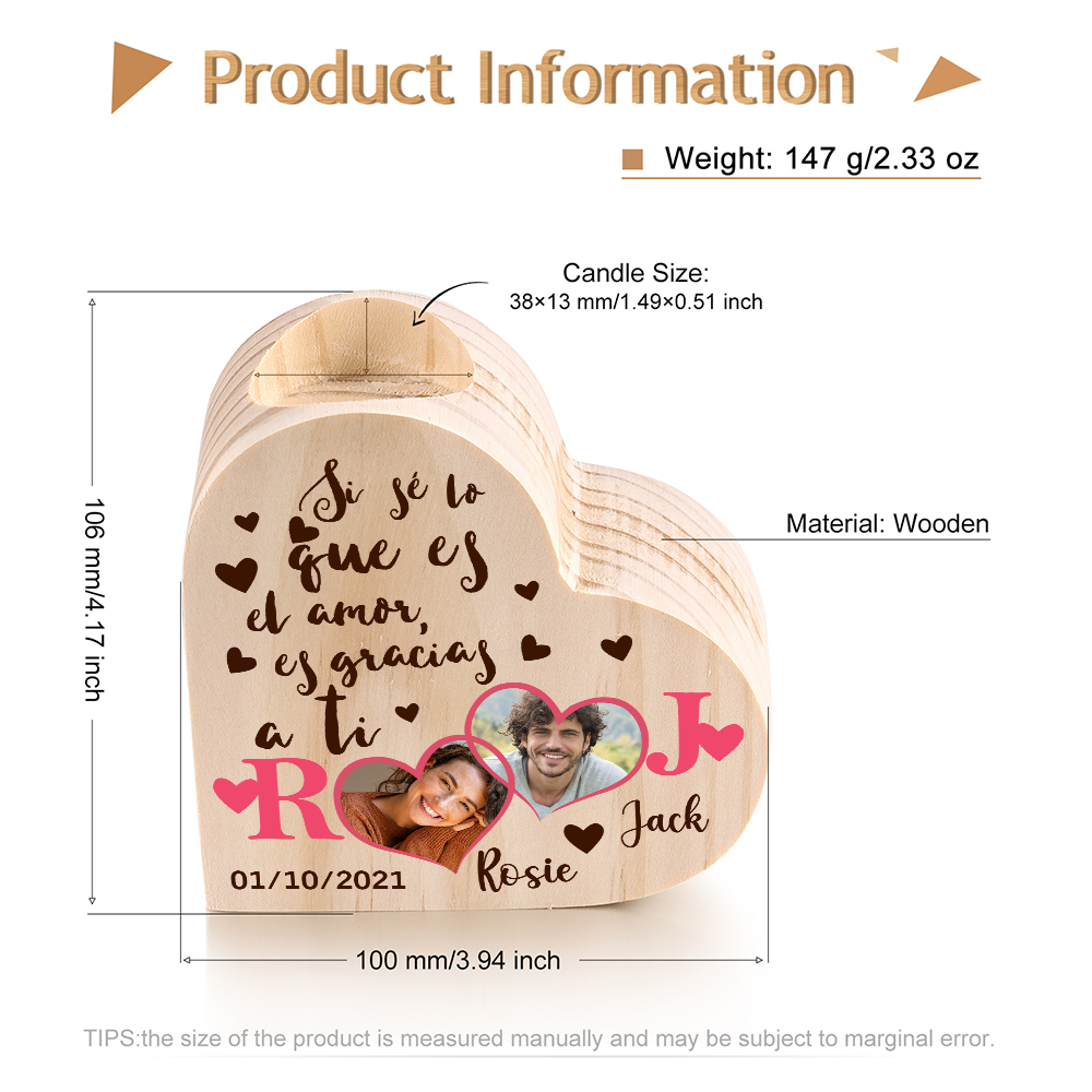 Candelero de madera para pareja con 2 fotos sin vela personalizado con 2 nombres, 2 letras y fecha-Jessemade ES