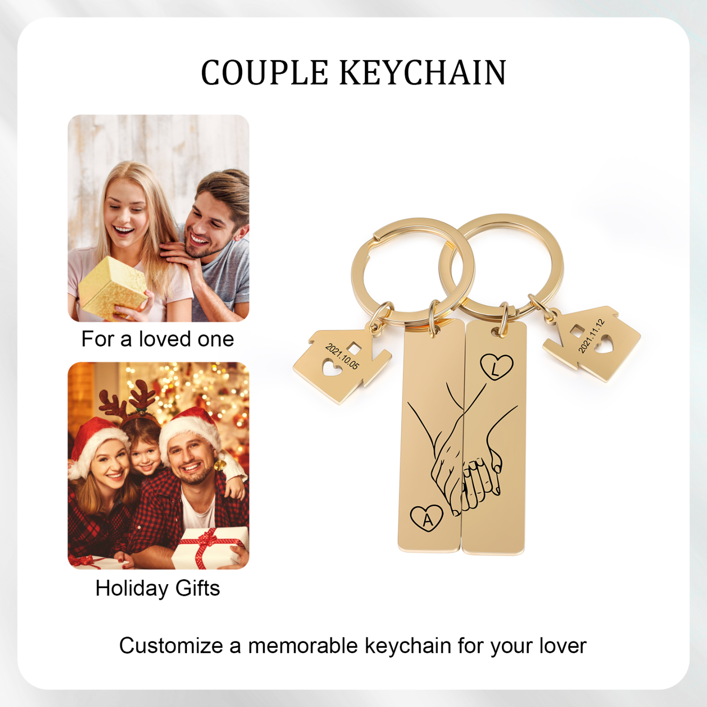 Llavero para pareja mano con mano 2 letras personalizadas con fecha con colgante de casa | Jessemade