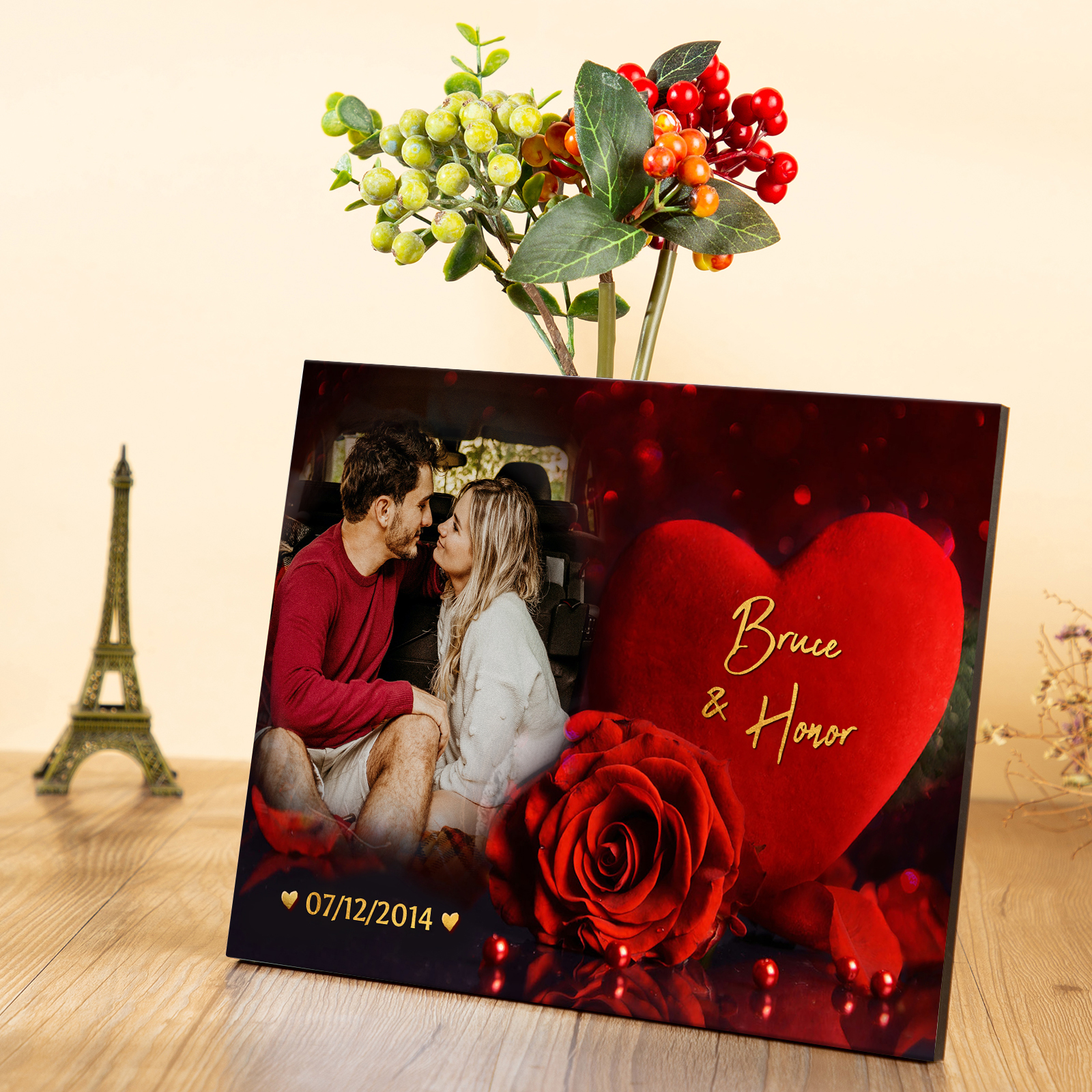 Lámina "rosa y corazón" marco de madera para pareja 2 nombres personalizados con fecha y foto-Jessemade ES