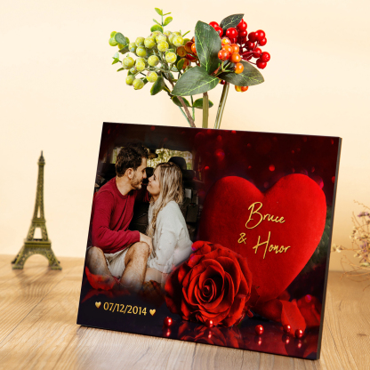Lámina "rosa y corazón" marco de madera para pareja 2 nombres personalizados con fecha y foto-Jessemade ES