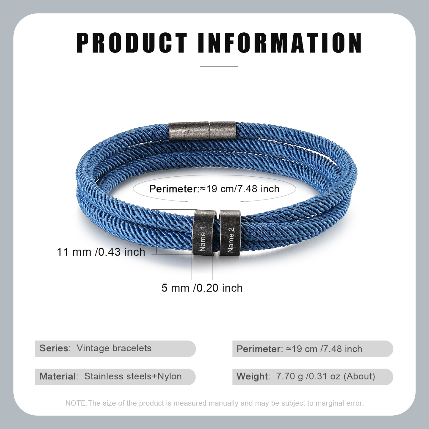 2-4 Nombres Personalizados Pulsera de Triple Cuerda Azul Aros de Acero Inoxidable-Jessemade ES