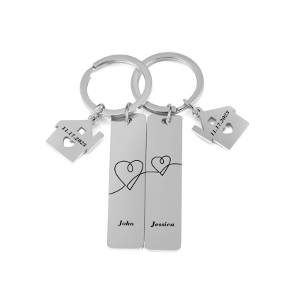 Llavero para pareja corazones conectados 2 nombres personalizados con fecha dije de casa-Jessemade ES