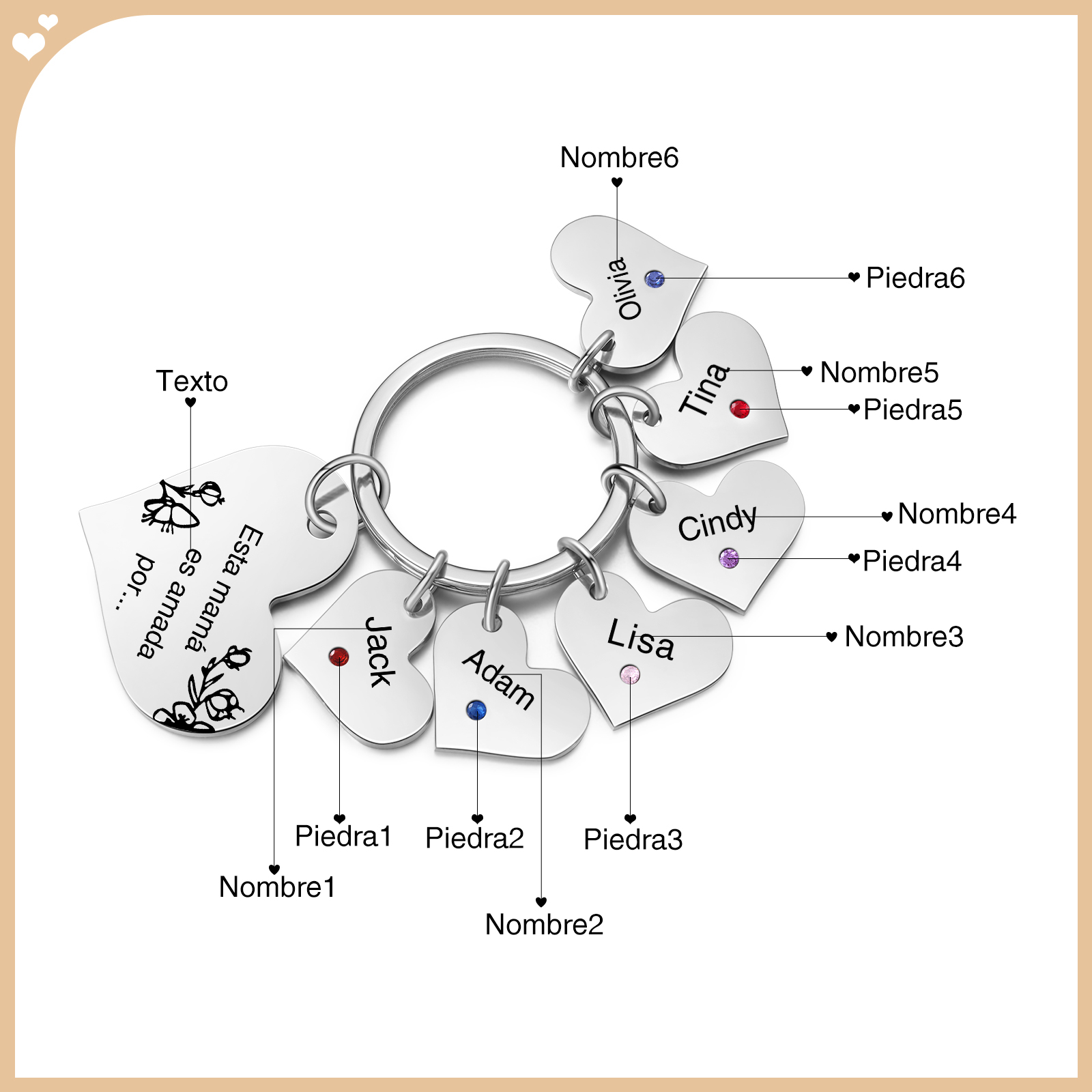 A mi mamá/abuela - Llavero con 6 nombres y piedras de nacimiento personalizados en corazones con texto-Jessemade ES