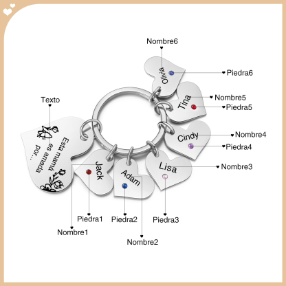 A mi mamá/abuela - Llavero con 6 nombres y piedras de nacimiento personalizados en corazones con texto-Jessemade ES