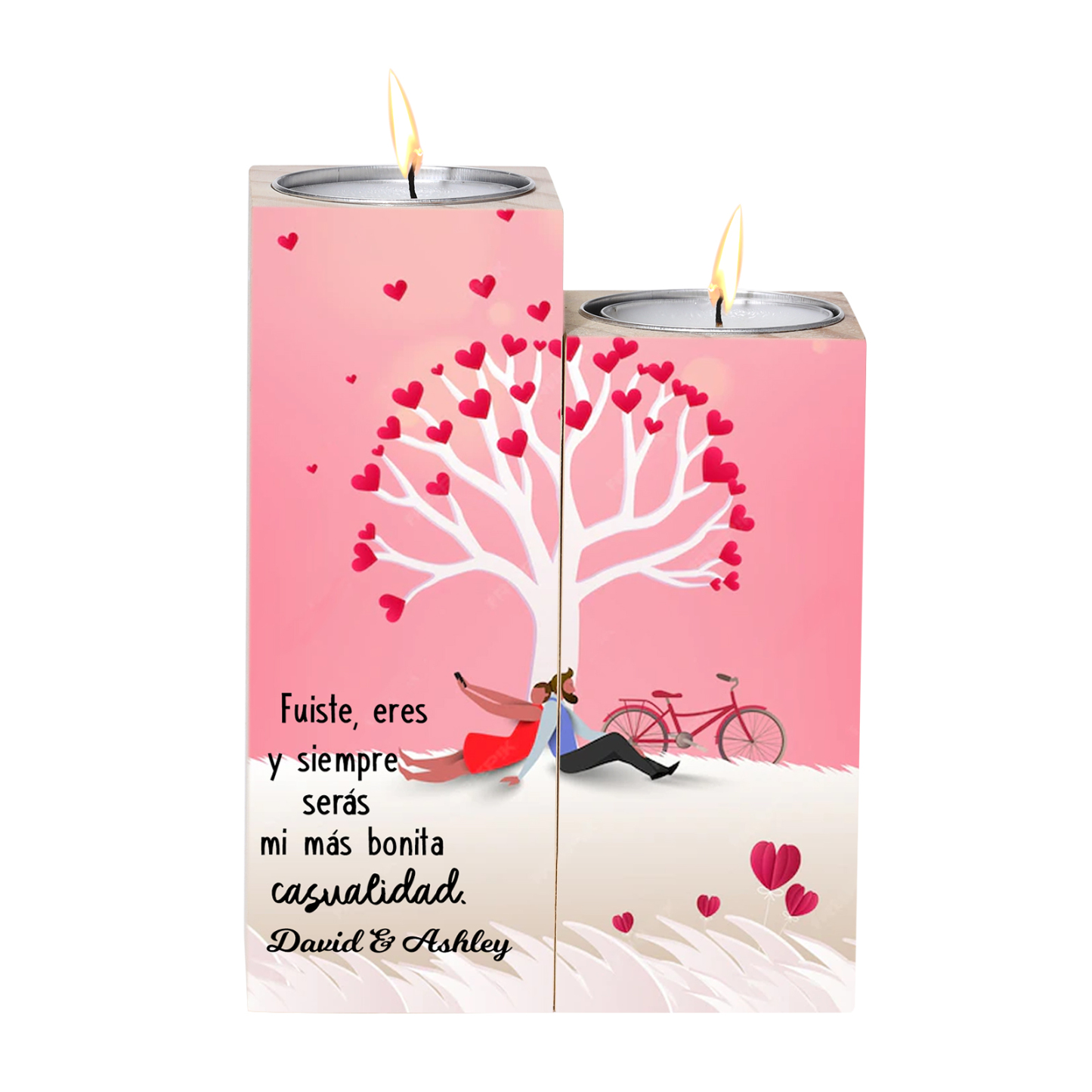 Candelero de árbol de amor para pareja de madera de dos piezas sin candela con 1 texto personalizado-Jessemade ES