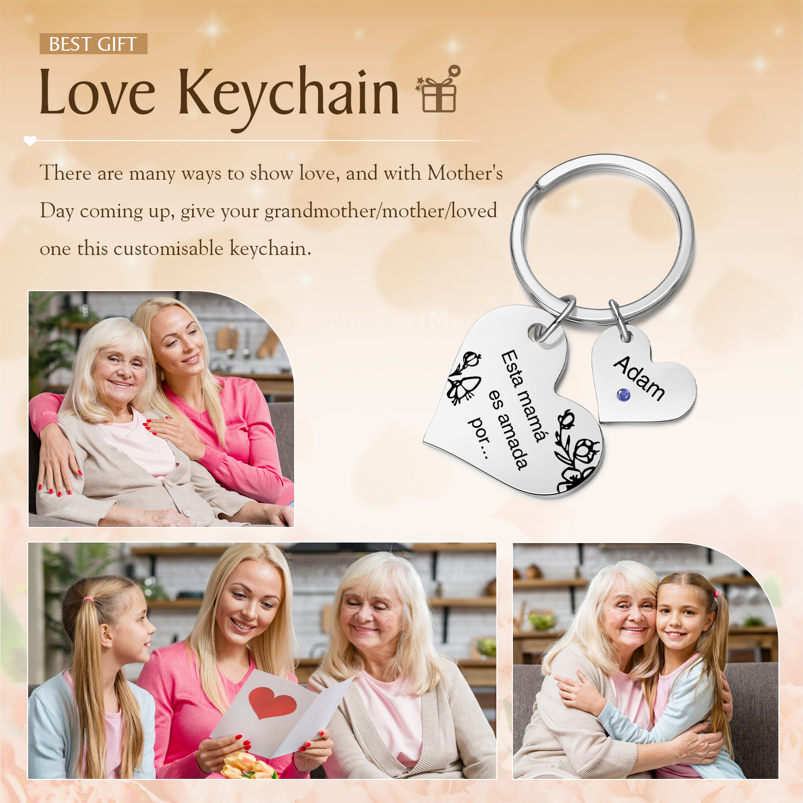 A mi mamá/abuela - Llavero con 1 nombre y piedra de nacimiento personalizados en corazón con texto-Jessemade ES