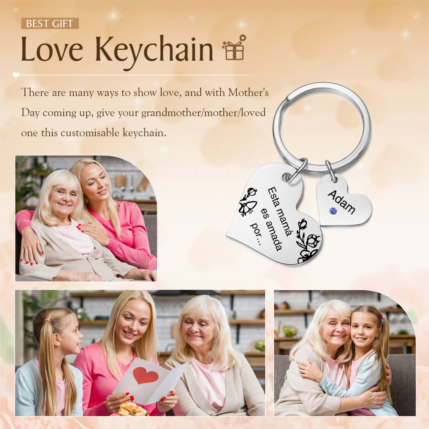 A mi mamá/abuela - Llavero con 1 nombre y piedra de nacimiento personalizados en corazón con texto-Jessemade ES