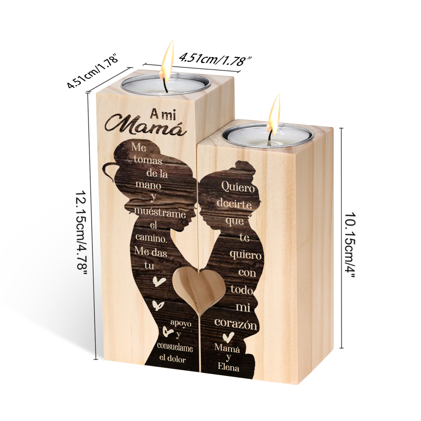 A mi mamá-Candelero de madera de dos piezas sin candela silueta de mamá y niñ@ 1 texto personalizado-Jessemade ES