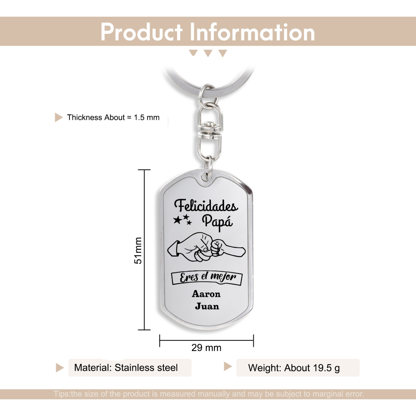 A mi papá-Llavero Personalizado Puño con Puño 2 Nombres-Jessemade ES