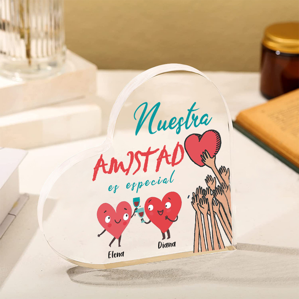 Placa de acrílico en forma de corazón para amiga con 2 nombres personalizados-Jessemade ES