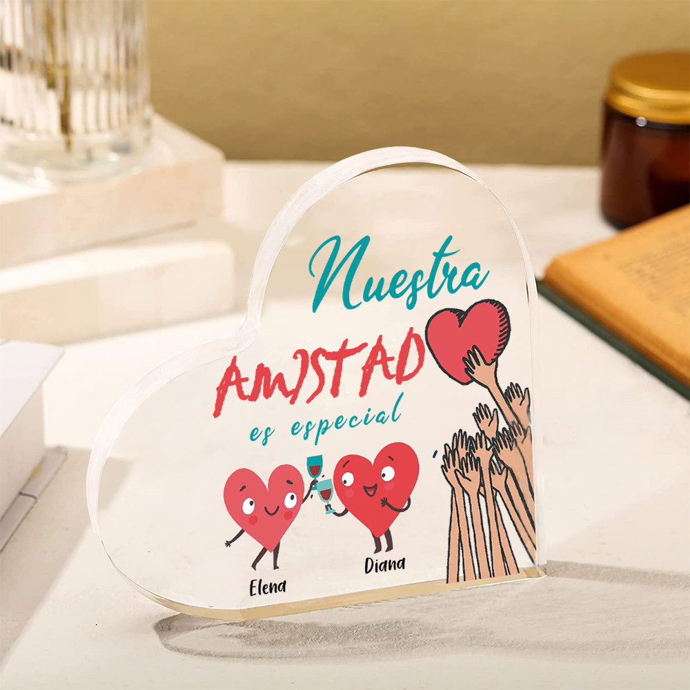 Placa de acrílico en forma de corazón para amiga con 2 nombres personalizados-Jessemade ES