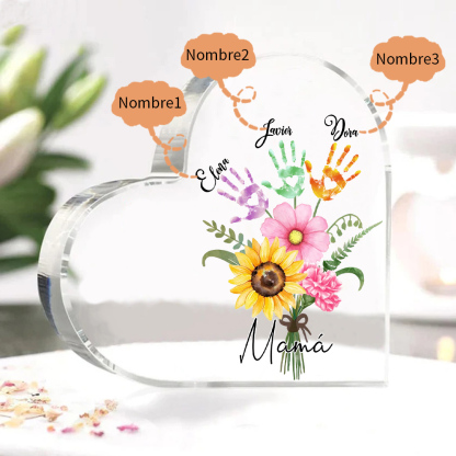 A mi mamá-Placa de acrílico en forma de corazón flor y manitas 1-5 nombres personalizados-Jessemade ES