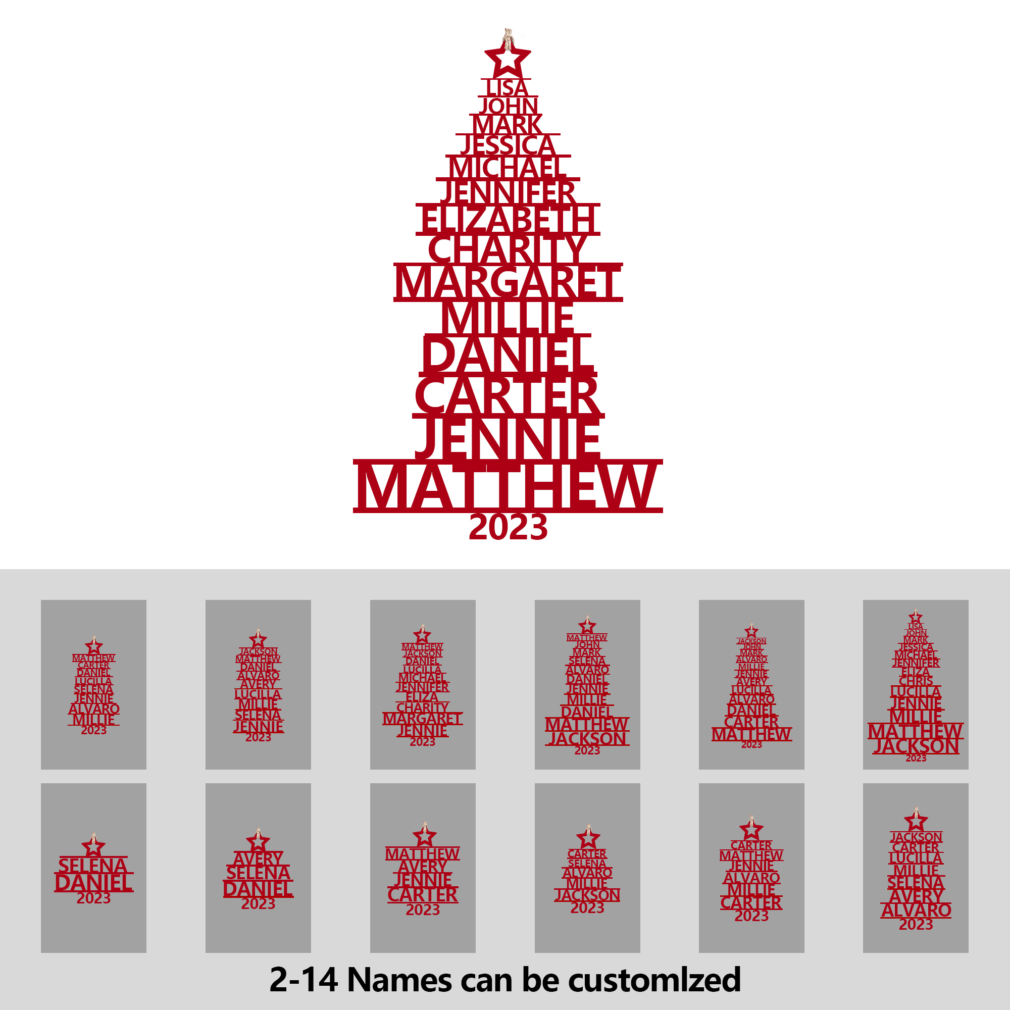 Navidad-Ornamento navideño de madera árbol de nombres con 2 nombres y año personalizados