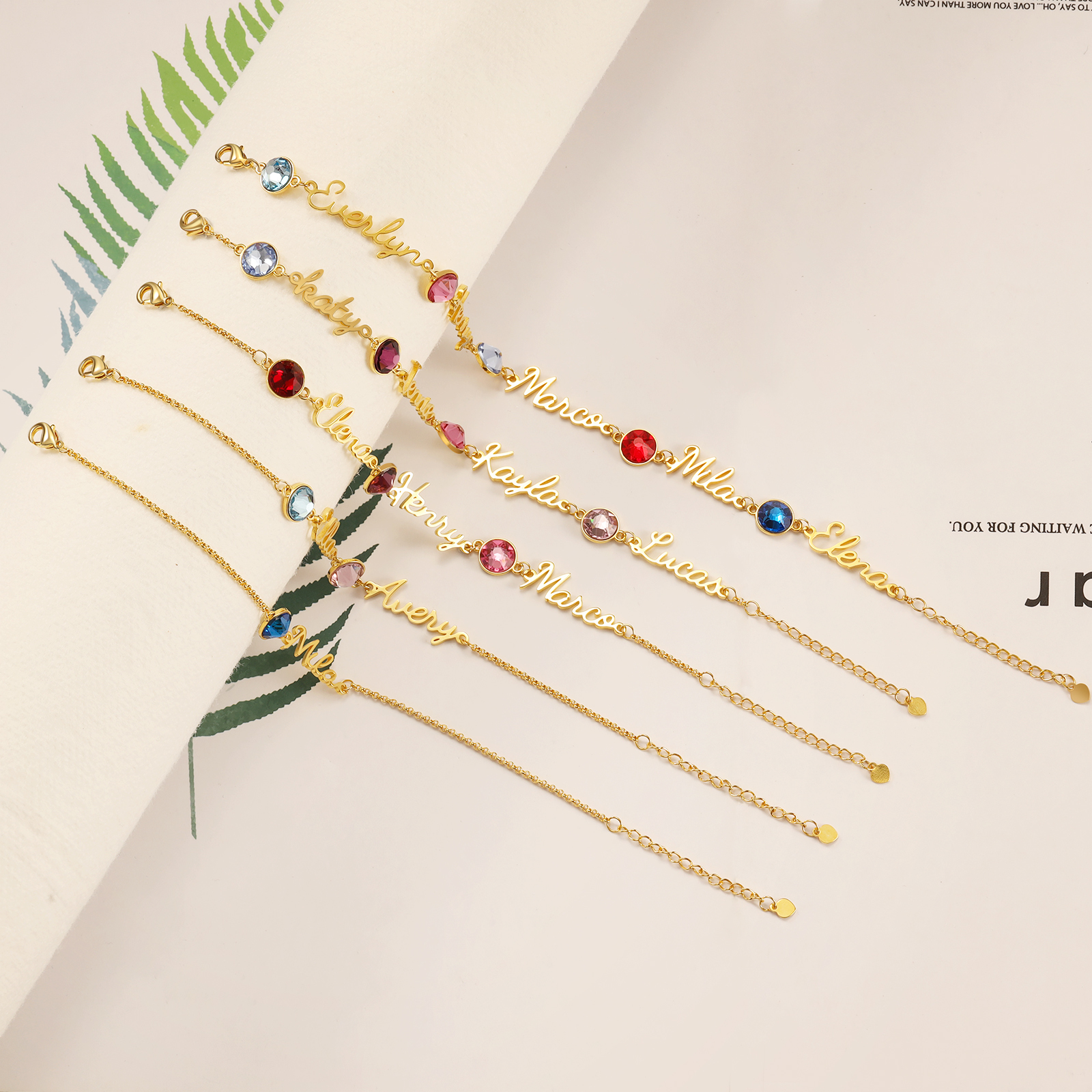 Pulsera personalizada de 1-5 nombres con 1-5 piedras de nacimiento-Jessemade ES