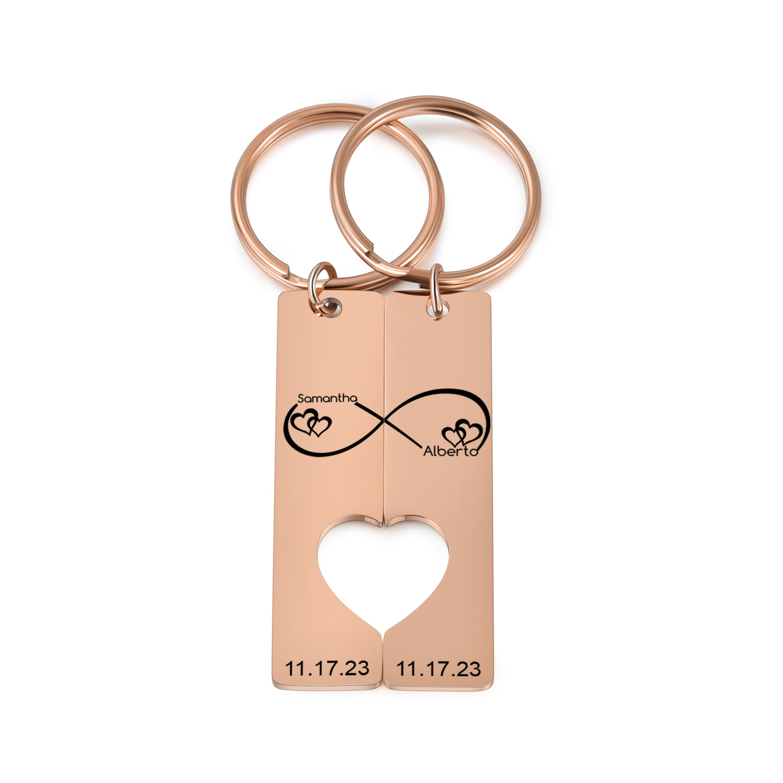 Llavero con corazón encajado para pareja nudo infinito 2 nombres personalizados con fecha-Jessemade ES