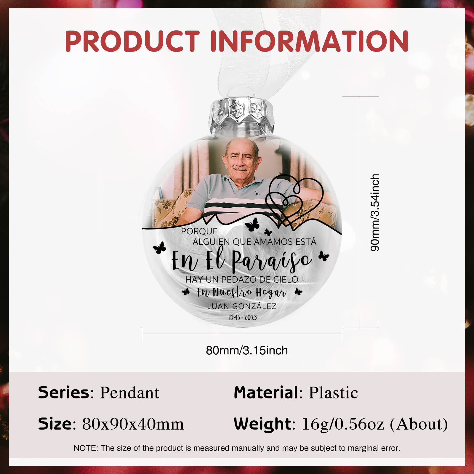 Bola navideña conmemorativa Adorno de Navidad 2 textos y 1 foto personalizados con pluma -Jessemade ES