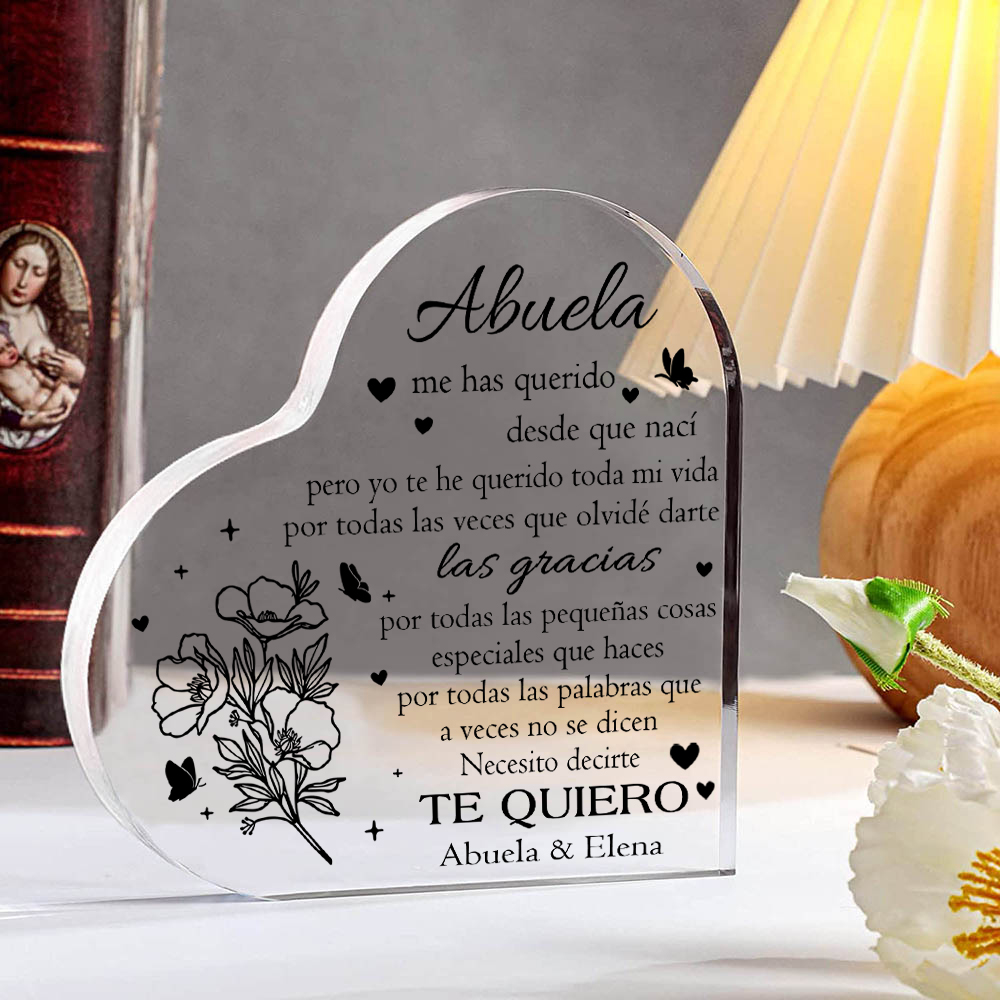 Abuela - Placa de acrílico en forma de corazón flores 2 nombres personalizados-Jessemade ES