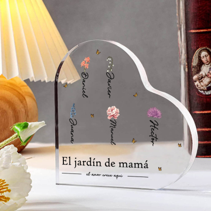 A mi mamá/abuela-Placa de acrílico en forma de corazón jardín 1-10 nombres y flores personalizados con 1 texto-Jessemade ES