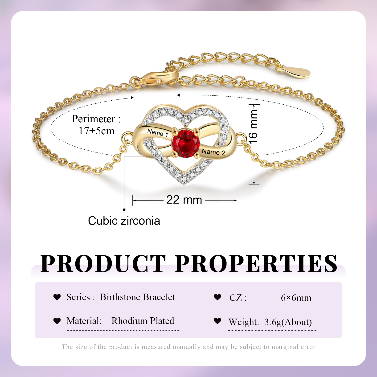 Pulsera de corazón para mujer personalizada con 2 nombres y 1 piedra de nacimiento-Jessemade ES