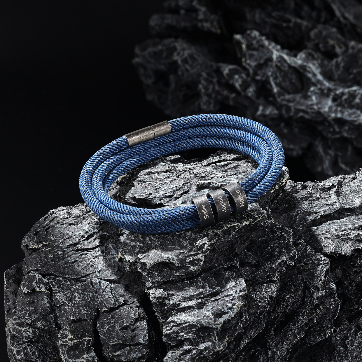 2-4 Nombres Personalizados Pulsera de Triple Cuerda Azul Aros de Acero Inoxidable-Jessemade ES