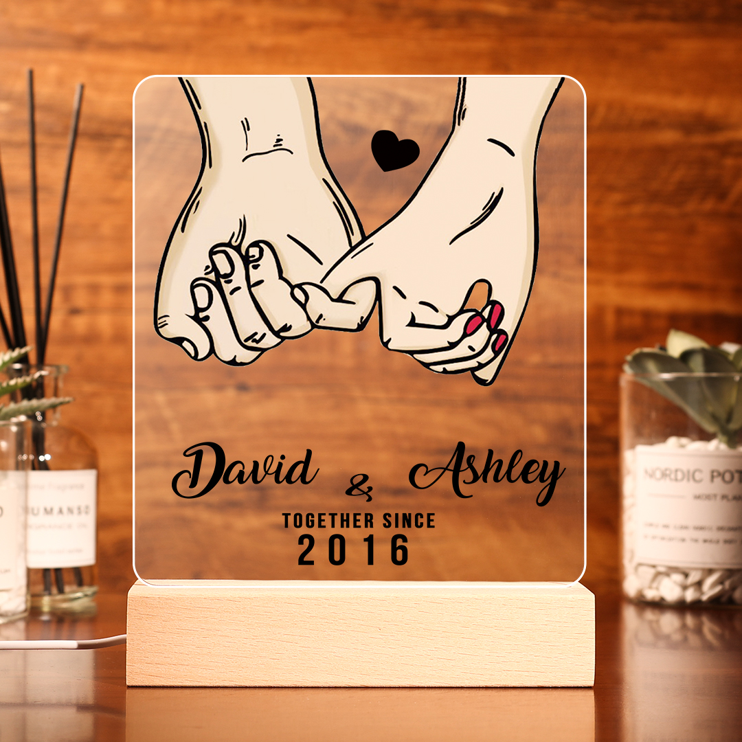 Lámpara dedos cogidos para pareja 3D Ilusión Luz de Noche LED 2 nombres, texto y año personalizados -Jessemade ES