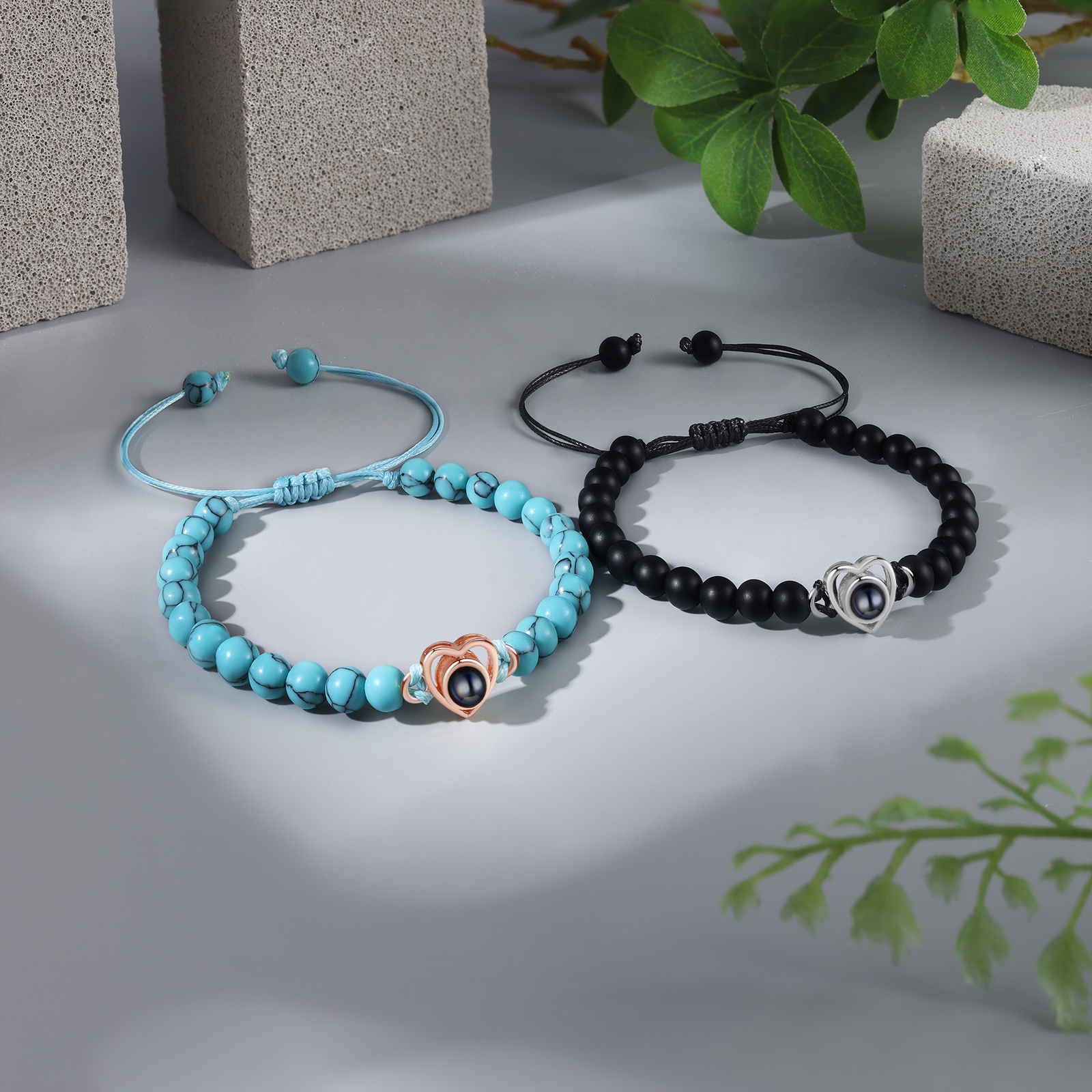 Pulsera de turquesa verde sintética con proyección de foto en color con dije de corazón pulsera ajustable-Jessemade ES