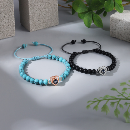 Pulsera de turquesa verde sintética con proyección de foto en color con dije de corazón pulsera ajustable-Jessemade ES