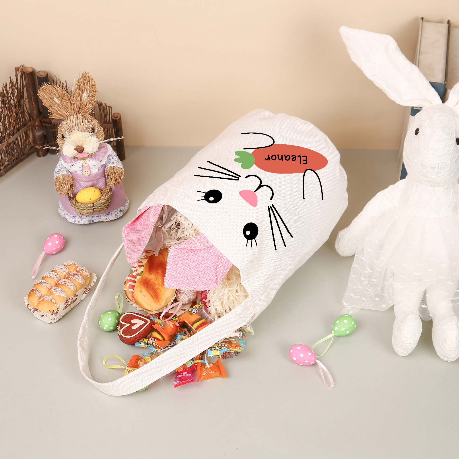 Pascua-Bolsa de conejo con 1 nombre personalizado-Jessemade ES