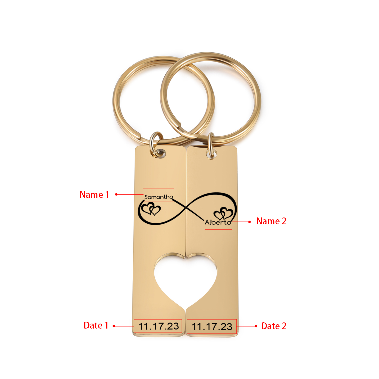 Llavero con corazón encajado para pareja nudo infinito 2 nombres personalizados con fecha-Jessemade ES