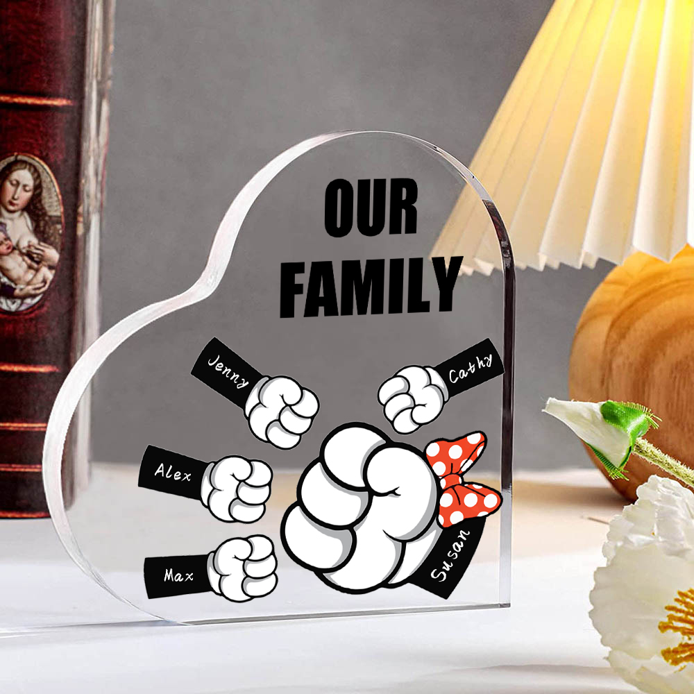 A mi mamá/abuela-Placa de acrílico "Puños" en forma de corazón 5 nombres y 1 texto personalizados-Jessemade ES