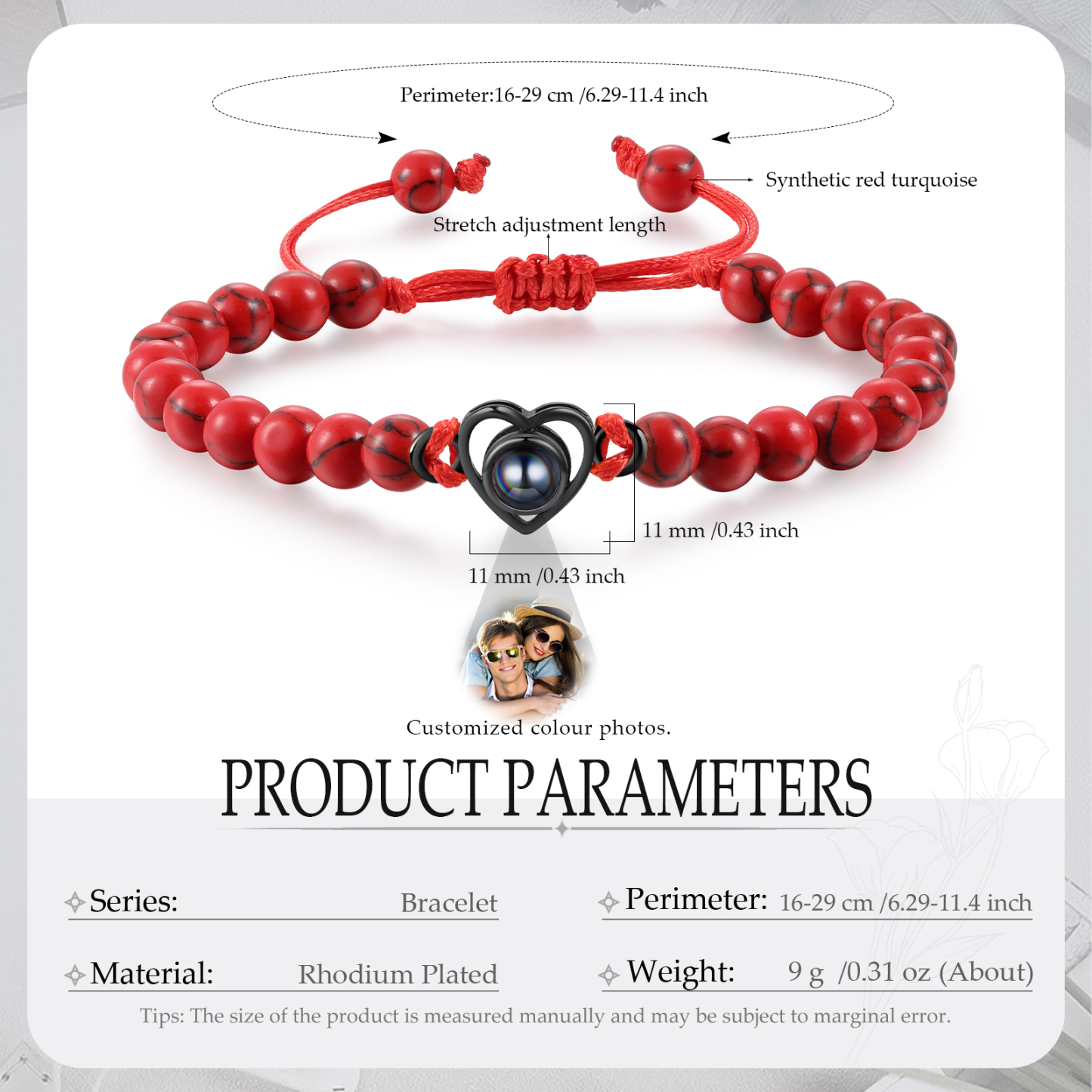 Pulsera de turquesa roja sintética con proyección de foto en color con dije de corazón pulsera ajustable-Jessemade ES