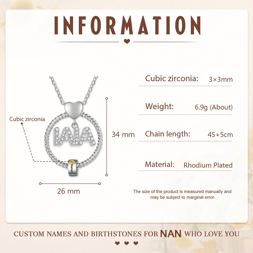 Collar a abuela con colgante de "IAIA" con 1 nombre y 1 piedra de nacimiento personalizados | Jessemade-Jessemade ES