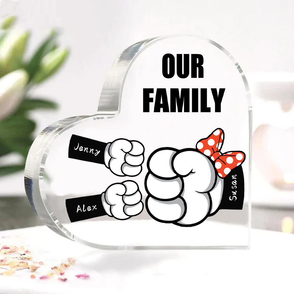 A mi mamá/abuela-Placa de acrílico "Puños" en forma de corazón 3 nombres y 1 texto personalizados-Jessemade ES