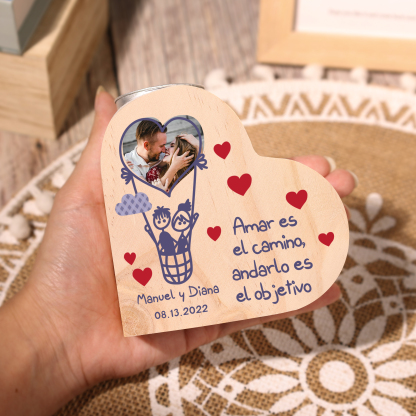 Candelero de madera globo aerostático para pareja sin vela personalizado con 2 nombres, fecha y foto-Jessemade ES