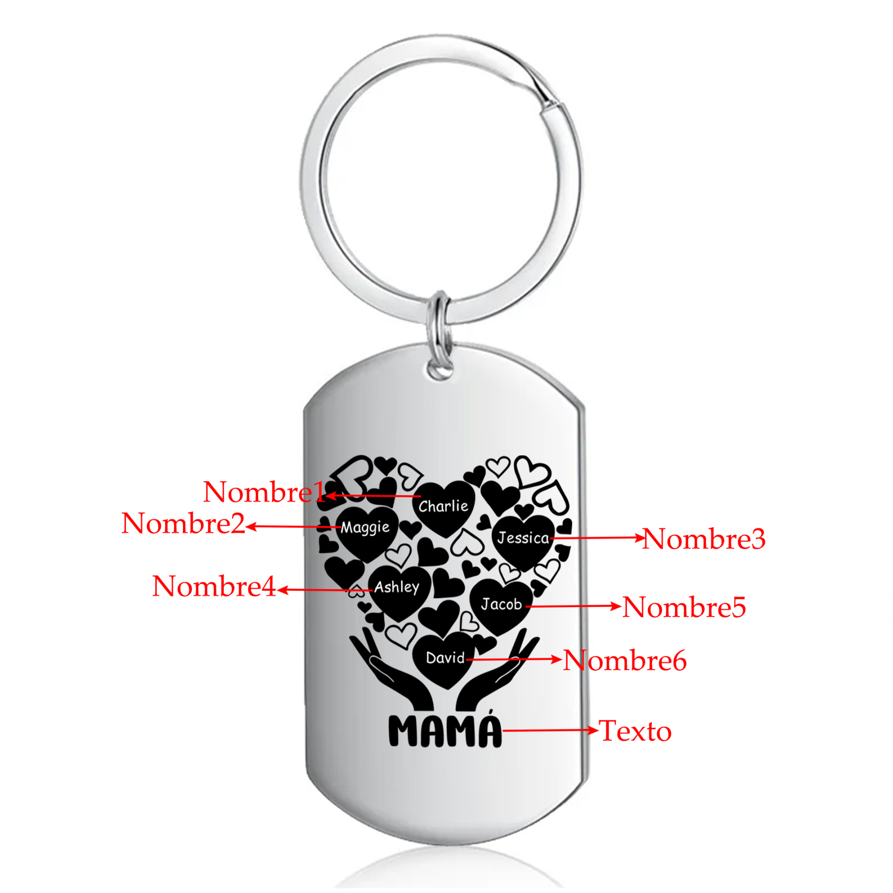 A mi mamá/abuela-Llavero 1-7 Nombres Personalizados con Texto CORAZONES Y MANOS