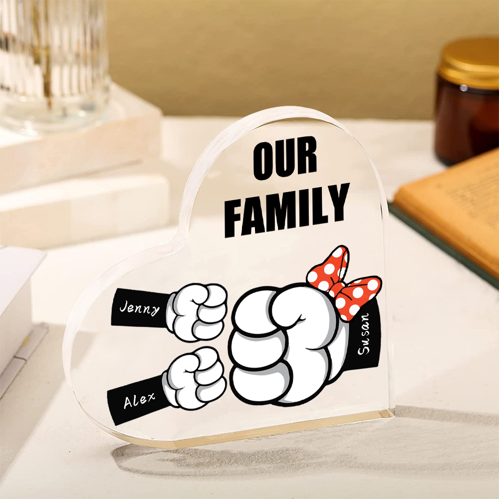 A mi mamá/abuela-Placa de acrílico "Puños" en forma de corazón 3 nombres y 1 texto personalizados-Jessemade ES