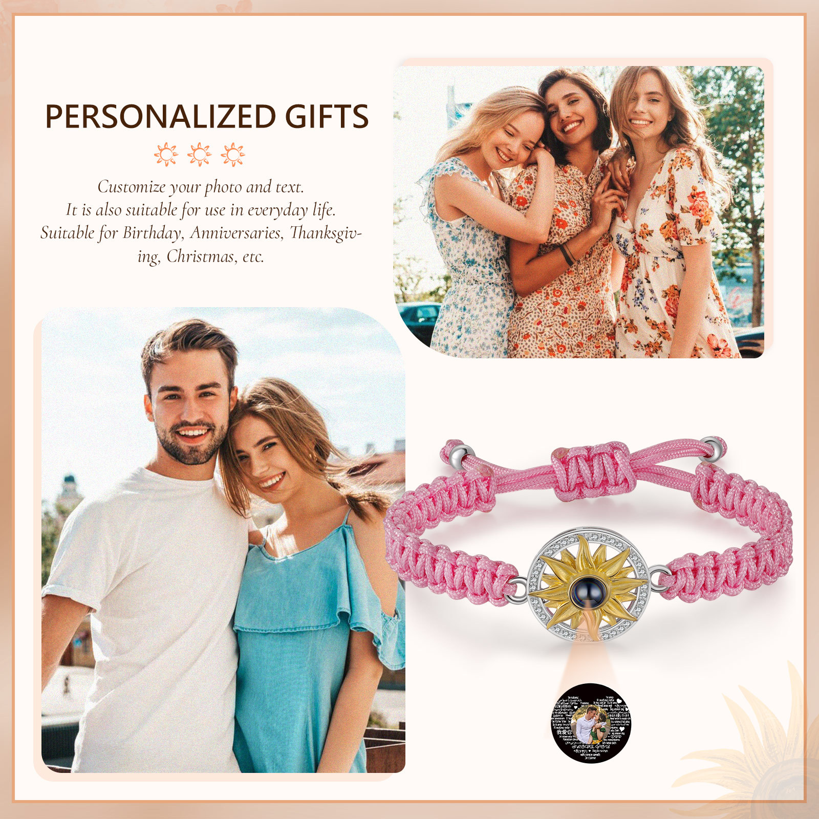 Pulsera con proyección de foto con dije de girasol cuerda rosa-Jessemade ES