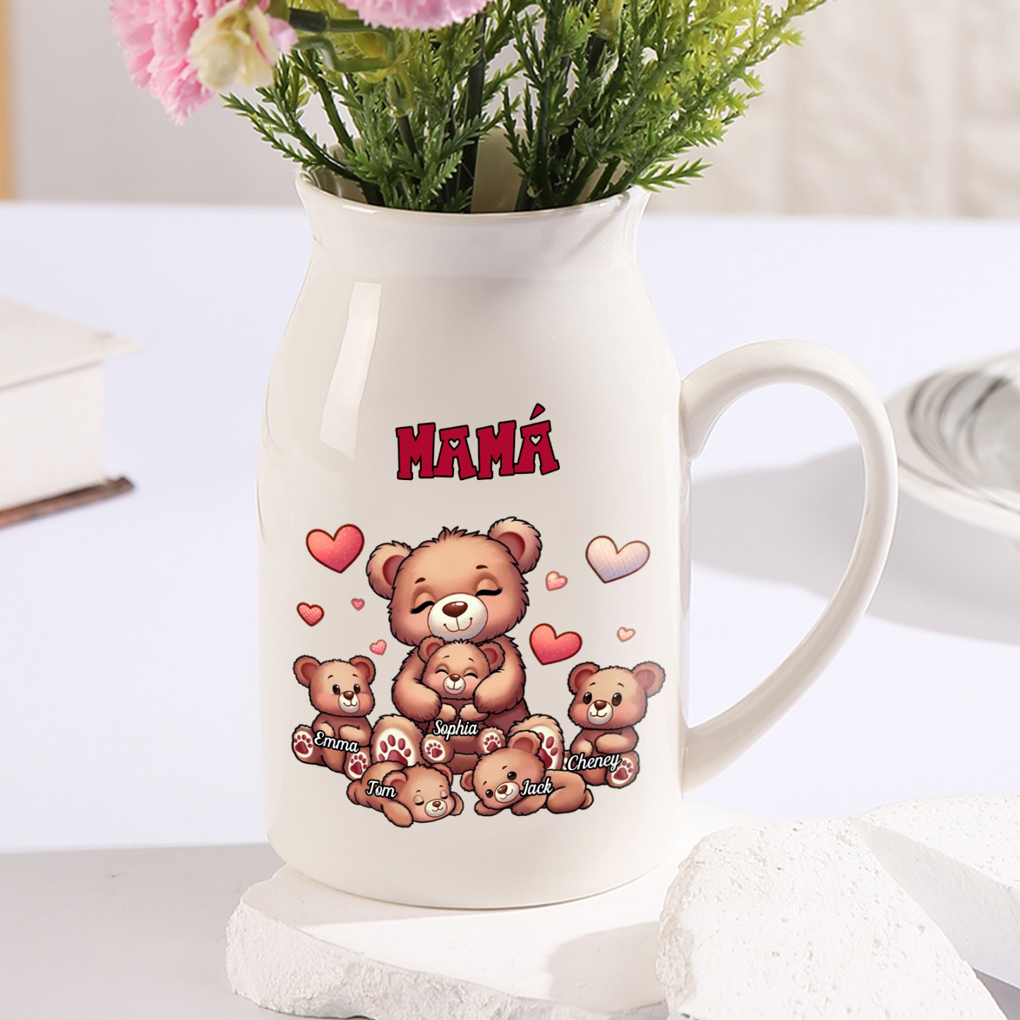 Florero de cerámica mamaosa y sus bebés 2-8 nombres personalizados con texto decoración del hogar-Jessemade ES