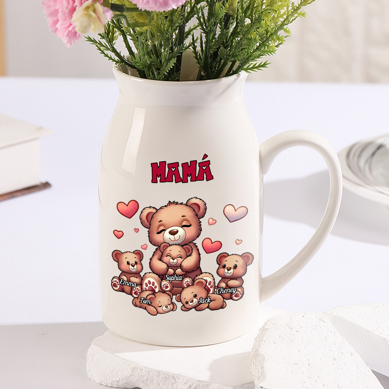 Florero de cerámica mamaosa y sus bebés 2-8 nombres personalizados con texto decoración del hogar-Jessemade ES